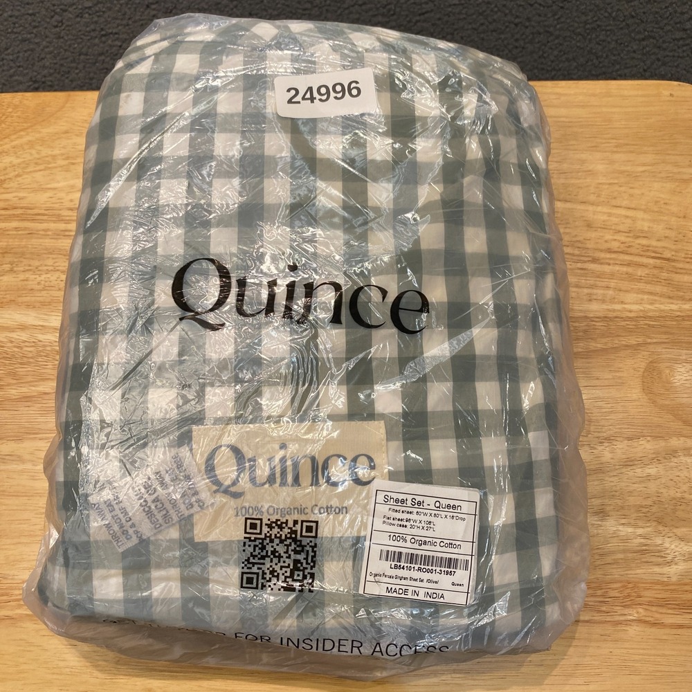 Quince Classic Organic Percale Gingham Sheet Set Queen Size Olive Check Cotton